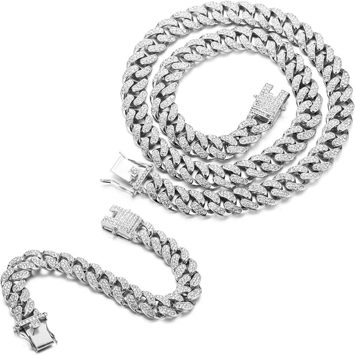 Cuban Silver Iced Out szett, unisex, rozsdamentes acélból, nyaklánc 50 cm, karkötő 20 cm