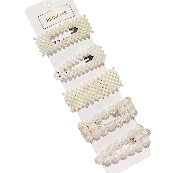 Комплект от 5 фиби, бели декорирани с изкуствени перли, фиби, бели