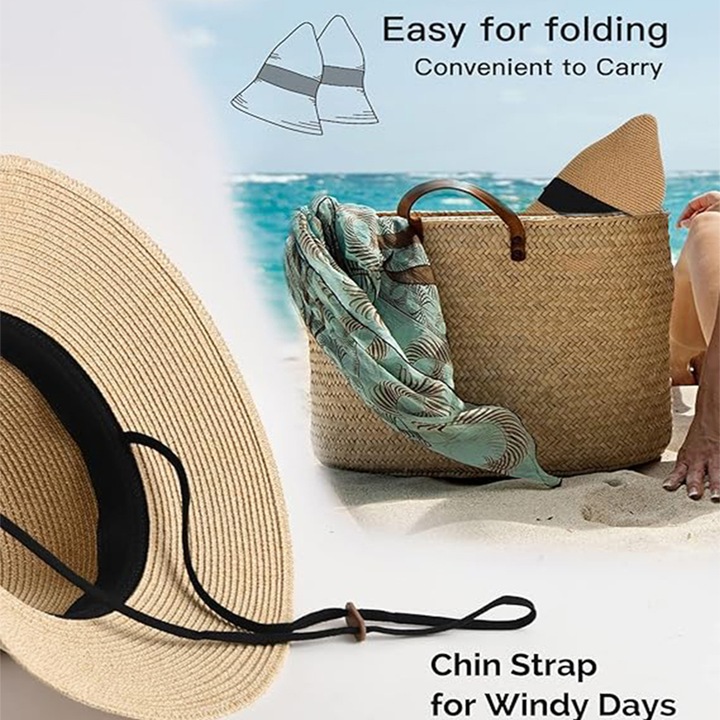 Palarie Dama, Ronyes®, de Soare, din Paie, Marime 54-59 cm, Protectie UVA si UVB 51+, cu Snur decorativ, Alb