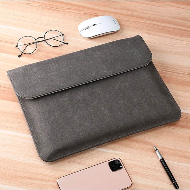 Husa protectie laptop 14.1"/15.6", piele ecologica, inchidere magnetica orizontala, gri