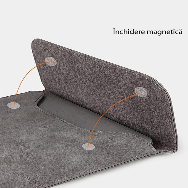 Husa protectie laptop 14.1"/15.6", piele ecologica, inchidere magnetica orizontala, gri