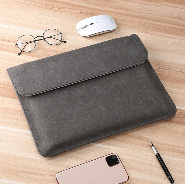 Husa protectie laptop 14.1"/15.6", piele ecologica, inchidere magnetica orizontala, gri