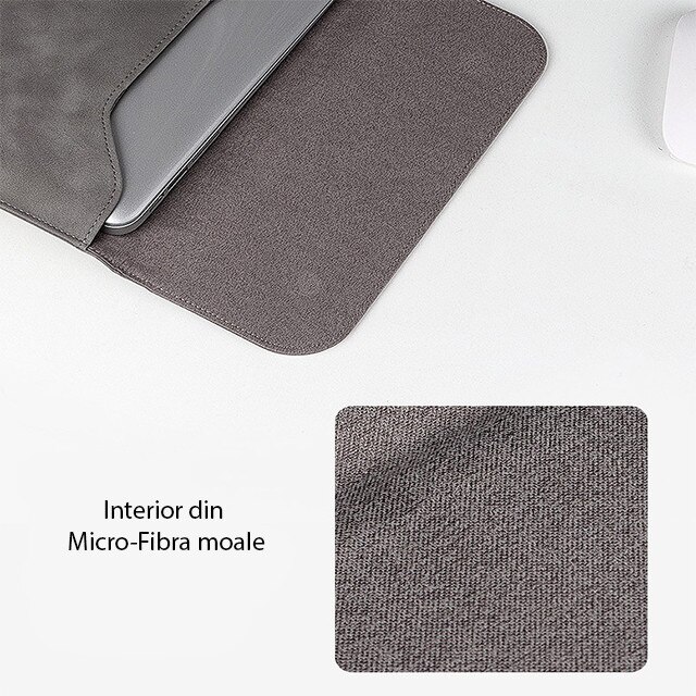 Husa protectie laptop 14.1"/15.6", piele ecologica, inchidere magnetica orizontala, gri