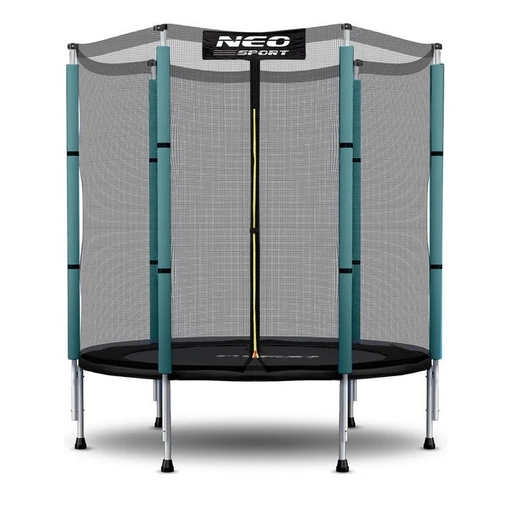 Trambulina de gradina pentru copii 140 cm 4.5ft Neo-Sport Verde inchis, Plasa exterioara, Stalpi metalici cu protectie din burete, Intrare cu fermoar si catarama, Covoras impermeabil flexibil