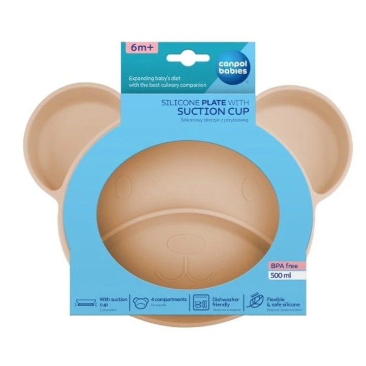 Силиконова чиния Canpol Babie, 3 отделения, вендуза, бежова, 6м+