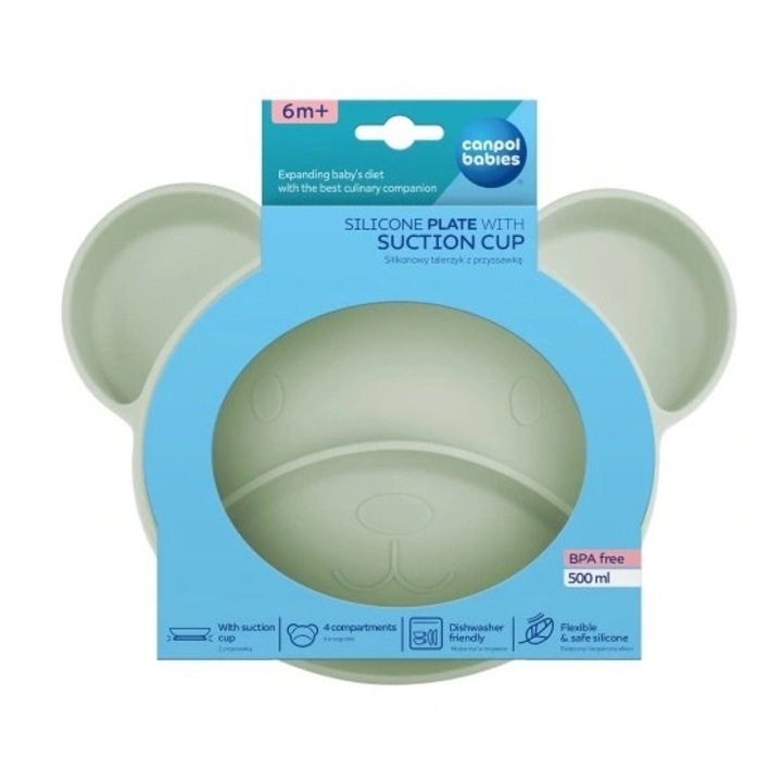 Разделна чиния с вендуза за бебета, Canpol, сив силикон, 6м+