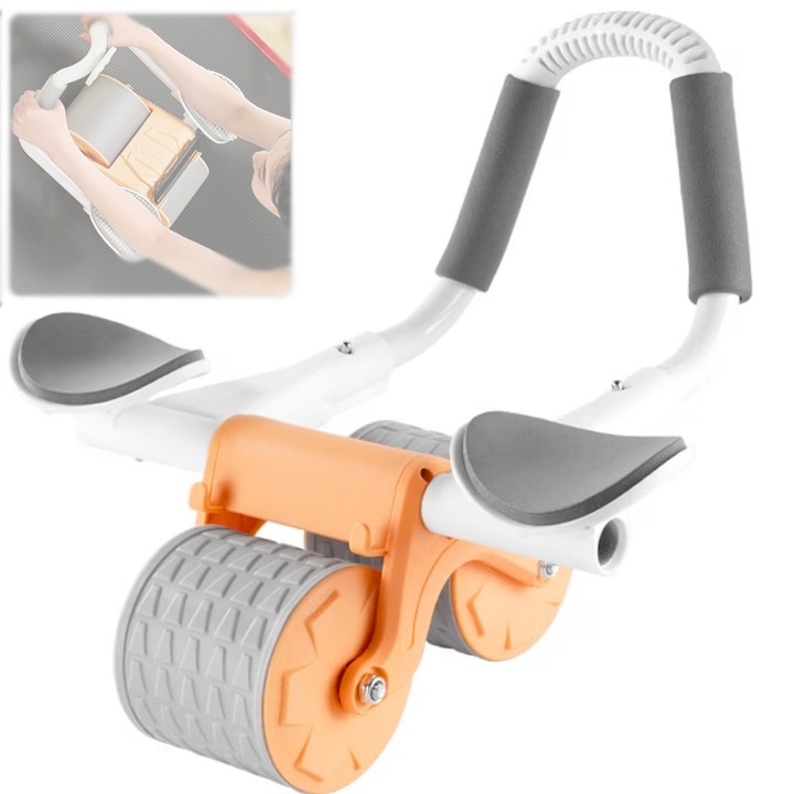 Фитнес уред, мултифункционален за корем, 2 самообръщащи се ролки, противоплъзгащ, тип шейна, с подвижен таймер, Безжичен, Сив