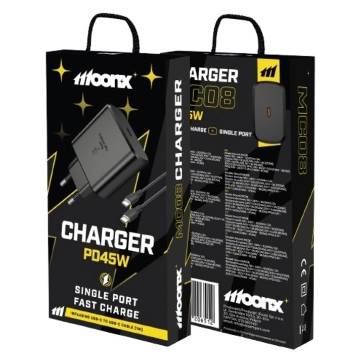 Incarcator compatibil cu Samsung, Xiaomi, Motorola Super fast charger, USB Type-C, Including 1m charging cable, 45W, Black