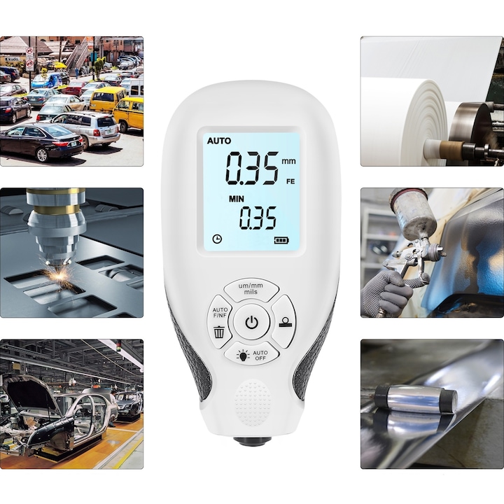 Tester masurare grosime strat acoperire vopsea, auto, Fabricat din ABS, ecran LCD, alb