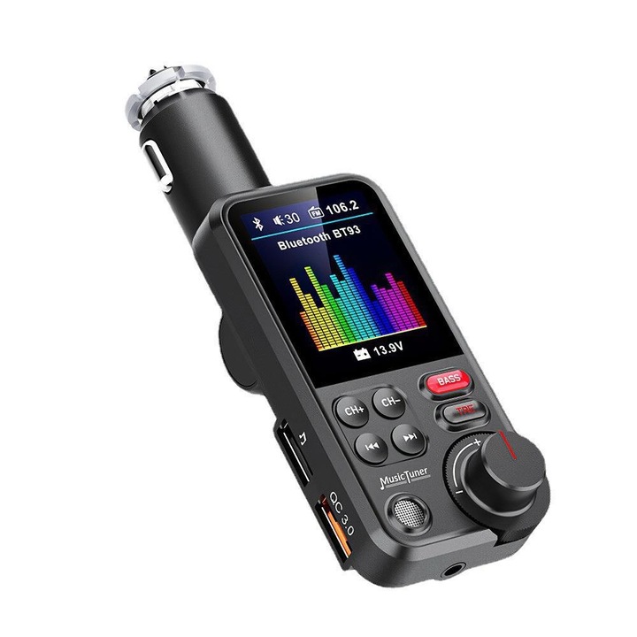 FM модулатор с Bluetooth 5.0, голям LCD цветен екран 1.8", Bass&Treble, QC 3.0 18W, комплект хендсфри, MicroSD, USB Mp3 Player