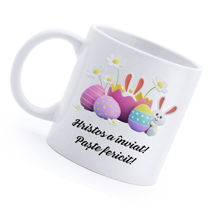 Cana mini, ceramica, alba, cu imagine si mesaj de Paste, 125 ml