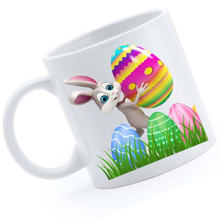 Cana mini, ceramica, alba, cu imagine, iepuras si oua, 125 ml