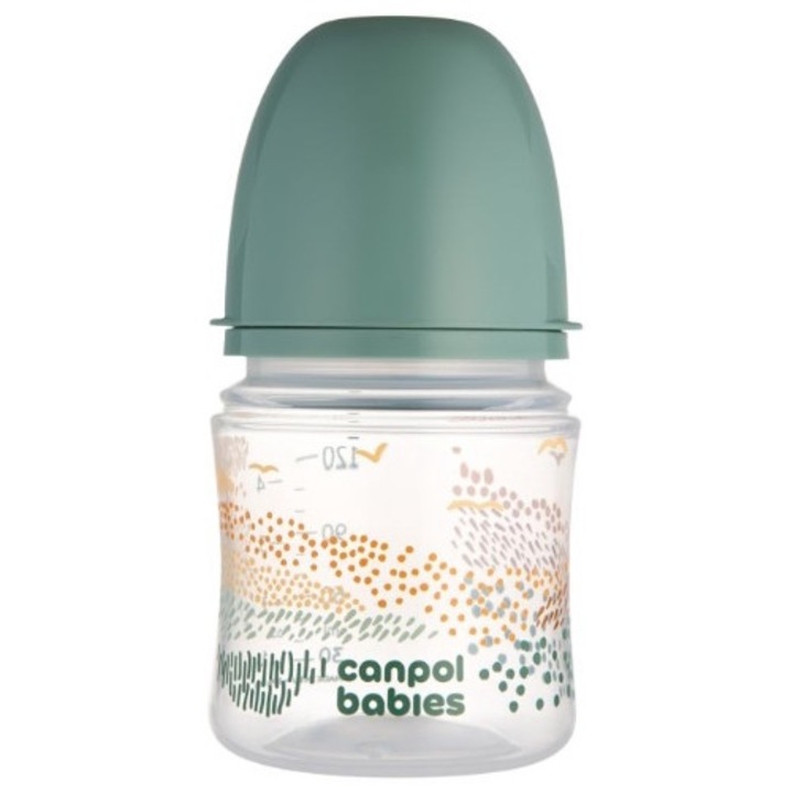 Kólika elleni cumisüveg Canpol EasyStart MOUNTAINS, hipoallergén szilikon, átlátszó, 120ml