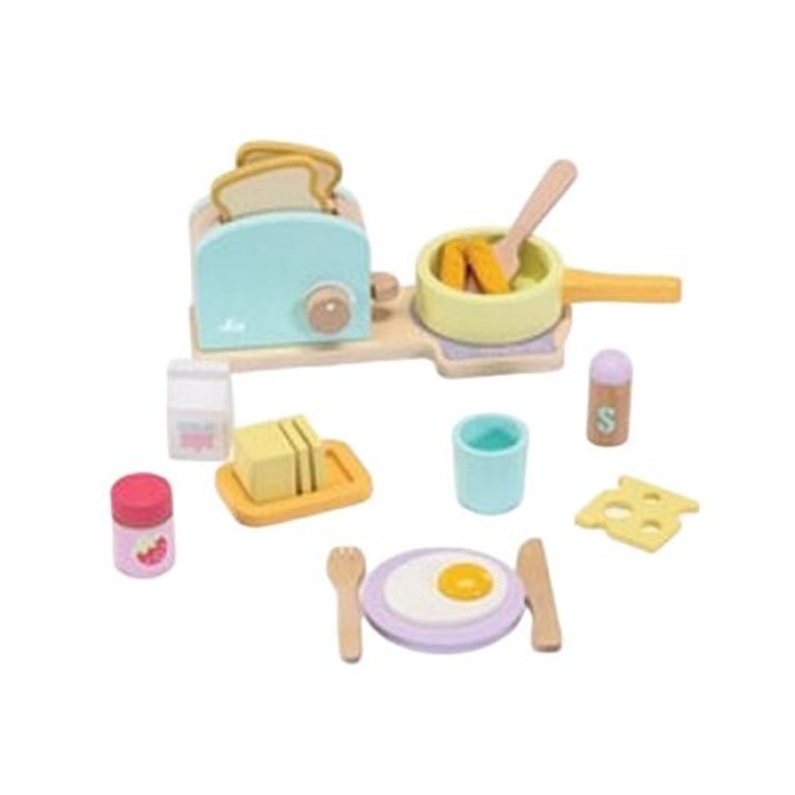 Set Bucatarie Copii, Model Mic dejun, Lemn, 21 piese, multicolor