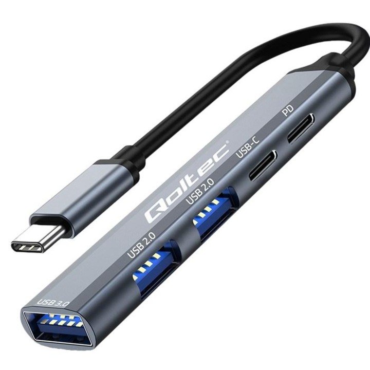 USB хъб 5 в 1, Qoltec, USB-C 3.1, 2x USB 2.0, USB 3.0, 85 x 16 x 8.5 mm, сив/черен