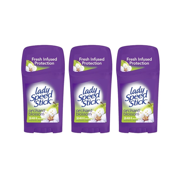 Комплект от 3 x дезодорант Lady Speed Stick 45 ml, аромат на Orchard Blossom, свежа защита, против бели петна, ободряващ, дълготрайна свежест, 24-часова защита