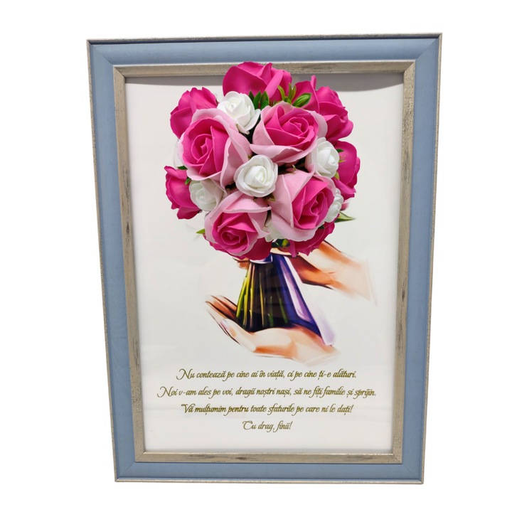 Tablou in rama A4 (30x21 cm) - Nu conteaza pe cine ai in viata, ci pe cine ti-e alaturi - v15 decorat cu flori de sapun roz - roz inchis