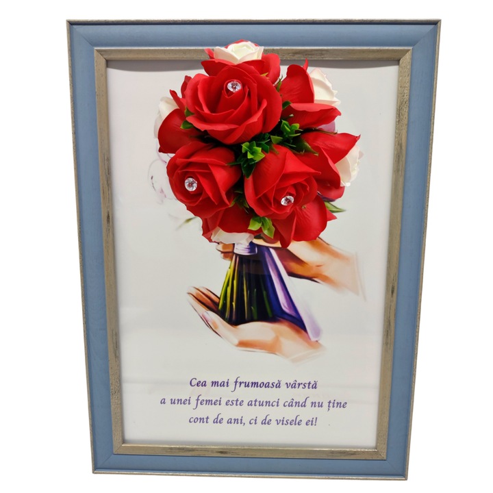 Tablou in rama A4 (30x21 cm) - Cea mai frumoasa varsta a unei femei este atunci cand nu tine cont de ani - v15 decorat cu flori de sapun rosii
