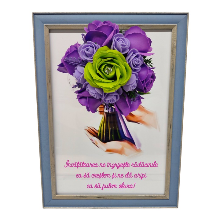 Tablou in rama A4 (30x21 cm) - Invatatoarea ne ingrijeste radacinile ca sa crestem - v15 decorat cu flori de sapun mov - verde