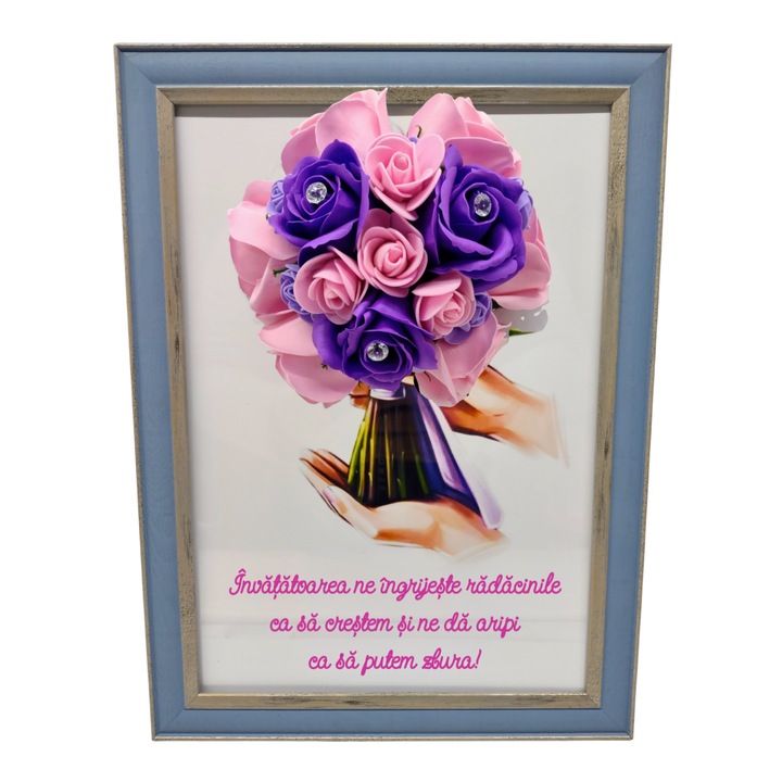 Tablou in rama A4 (30x21 cm) - Invatatoarea ne ingrijeste radacinile ca sa crestem - v15 decorat cu flori de sapun mov - roz