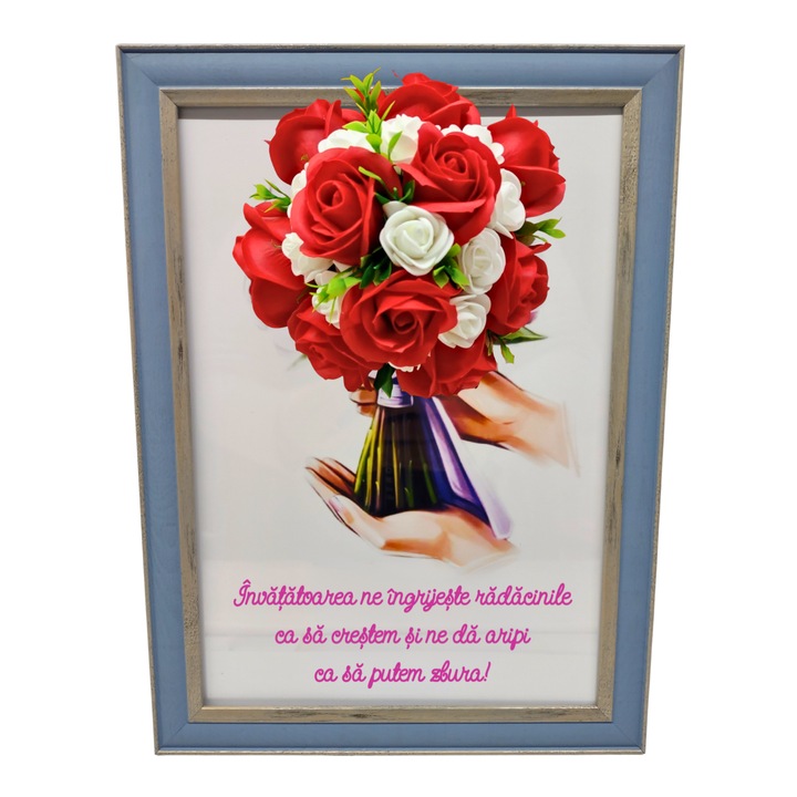 Tablou in rama A4 (30x21 cm) - Invatatoarea ne ingrijeste radacinile ca sa crestem - v15 decorat cu flori de sapun rosu - alb