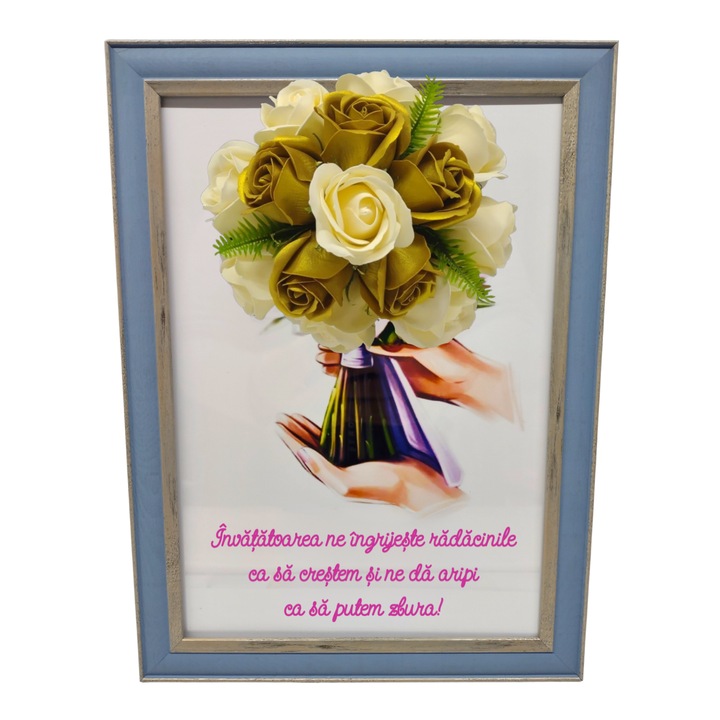 Tablou in rama A4 (30x21 cm) - Invatatoarea ne ingrijeste radacinile ca sa crestem - v15 decorat cu flori de sapun auriu - galben