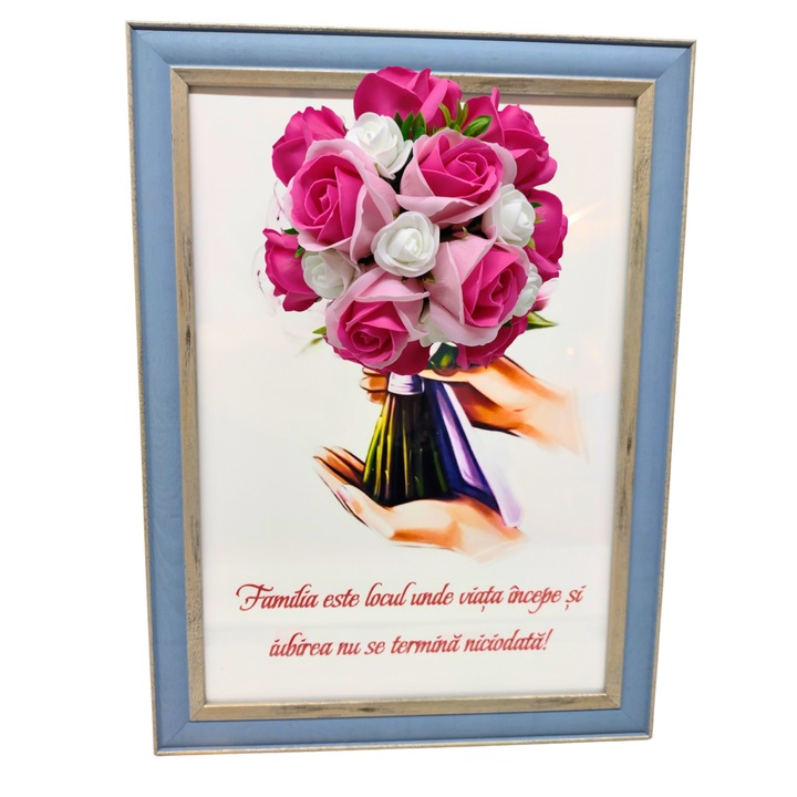 Tablou in rama A4 (30x21 cm) - Familia este locul unde viata incepe si iubirea nu se termina niciodata - v15 decorat cu flori de sapun roz - roz inchis