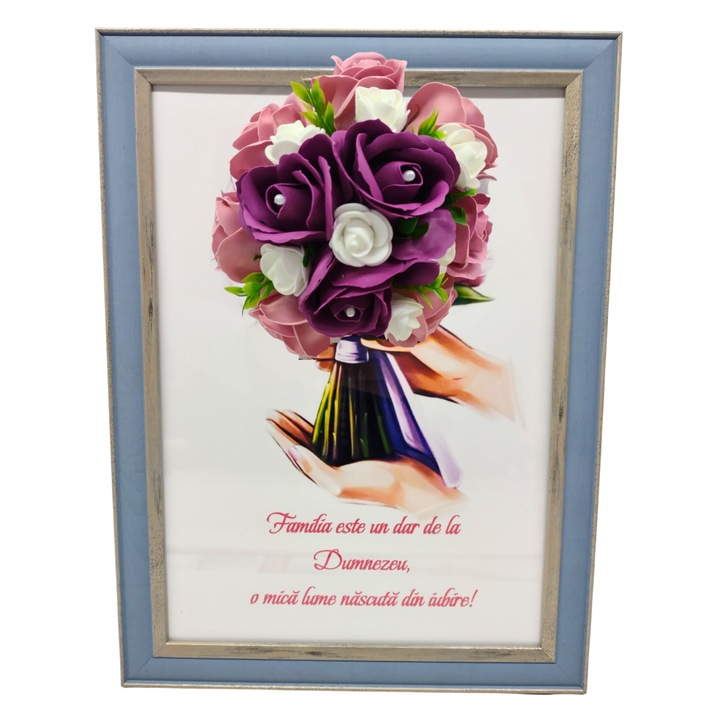 Tablou in rama A4 (30x21 cm) - Familia este un dar de la Dumnezeu, o mica lume nascuta din iubire! - v15 decorat cu flori de sapun roz - visiniu