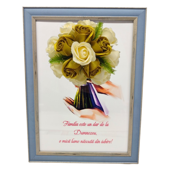 Tablou in rama A4 (30x21 cm) - Familia este un dar de la Dumnezeu, o mica lume nascuta din iubire! - v15 decorat cu flori de sapun auriu - galben