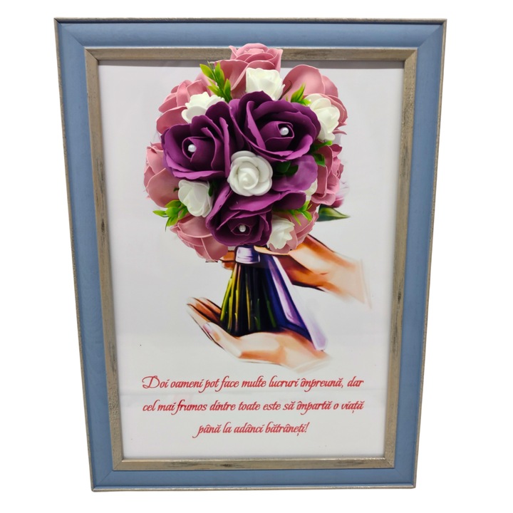 Tablou in rama A4 (30x21 cm) - Doi oameni pot face multe lucruri impreuna - v15 decorat cu flori de sapun roz - visiniu