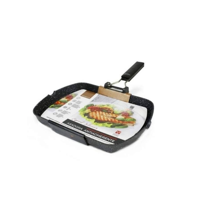 Грил тиган ОМ Маркет, Оребрен, Закален алуминий, Против надраскване, Сгъваема дръжка, 25 x 4 x 26