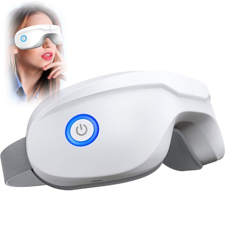 Масажор за очи, 5 режима, 3 интензивности, околна музика, Bluetooth, термична компресия, акупресура, въздушни възглавници, вибрация, USB акумулатор, 1200 mAh, регулируема лента, релаксация и визуална стимулация, черен