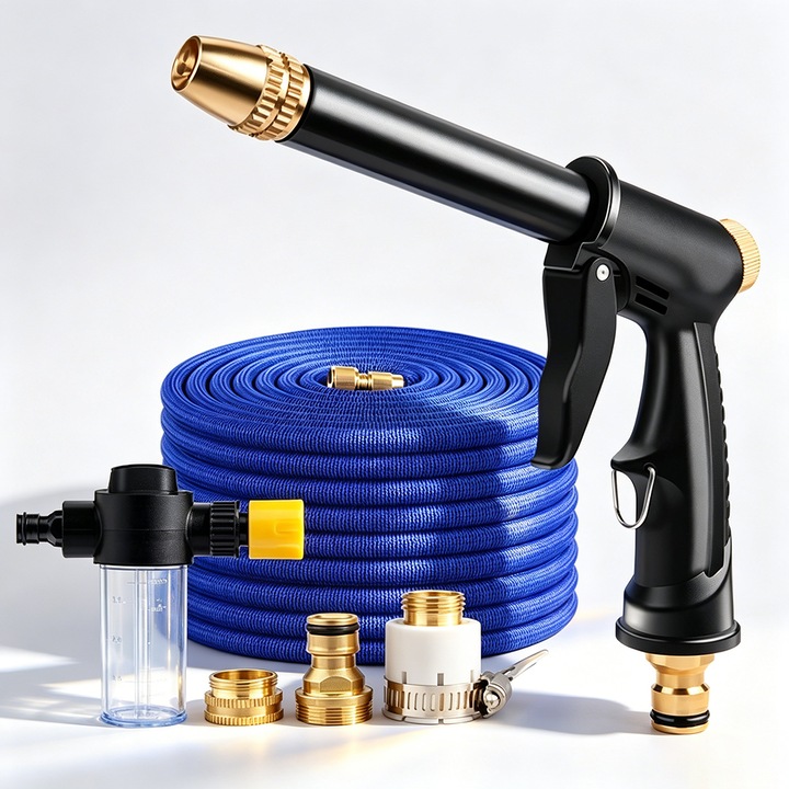 Set Pistol pentru aparat de spalat cu presiune, Yulinland, cu pistol, adaptor accesorii, Furtun 2.5m, Maner Ergonomic, avand conectarea pe furtun gradina, pentru spalare auto, curatenie curte, covoare, Negru/Albastru