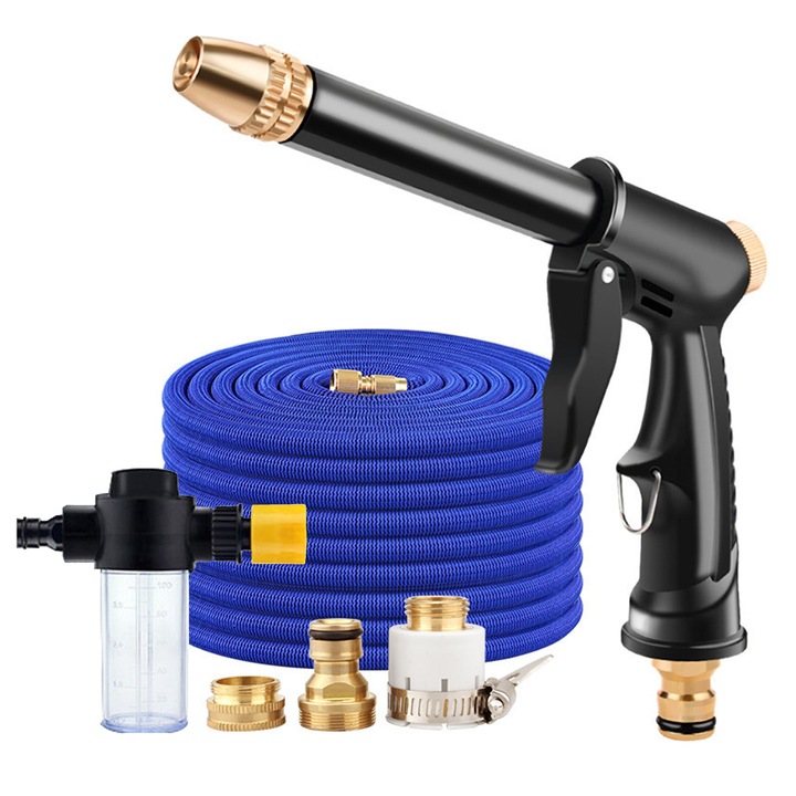 Set Pistol pentru aparat de spalat cu presiune, Yulinland, cu pistol, adaptor accesorii, Furtun 2.5m, Maner Ergonomic, avand conectarea pe furtun gradina, pentru spalare auto, curatenie curte, covoare, Negru/Albastru