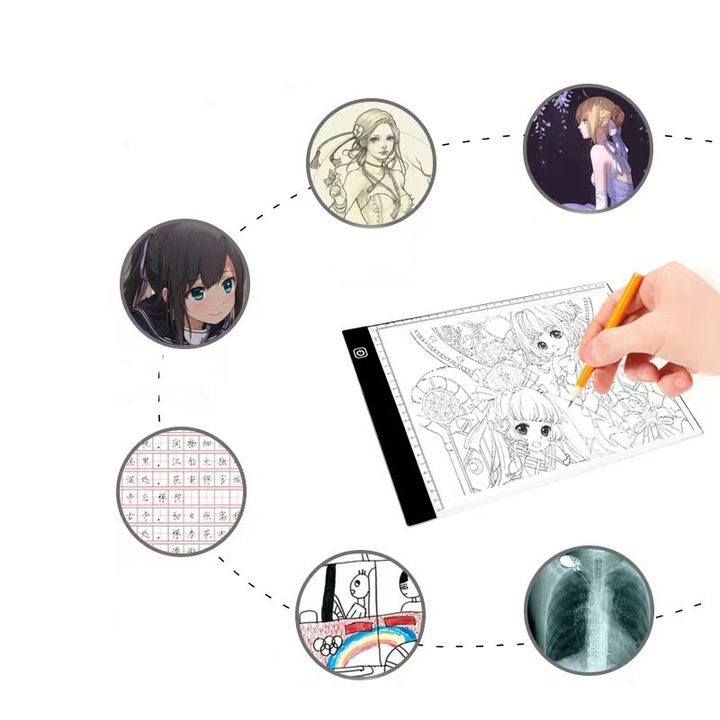 Tableta Grafica LED A4, design usor pentru, Plana de desen alimentata prin USB, Luminozitatea Reglabila, pentru Desen, Schite sau Animatie, negru