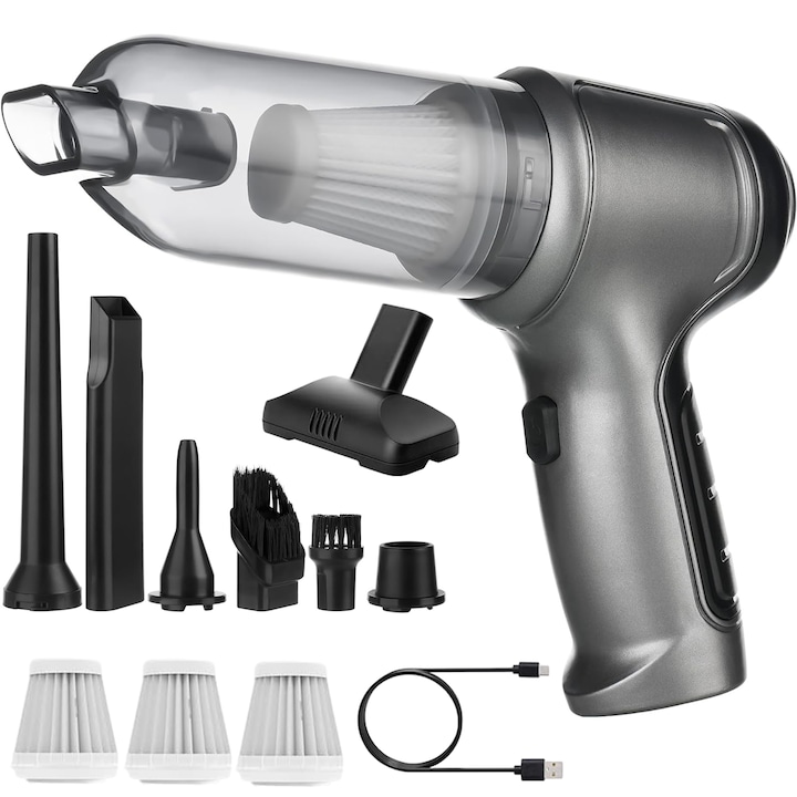 Aspirator Auto Portabil, Axroad Mall, Umed si uscat, 19000 Pa, 4000 mAh, 120 W, Cu filtru, perie, Functie Suflanta, Functie Vaccum, Incarcare USB, Maner ergonomic, Cu sac de depozitare, ABS, 21*16cm, Negru/Gri