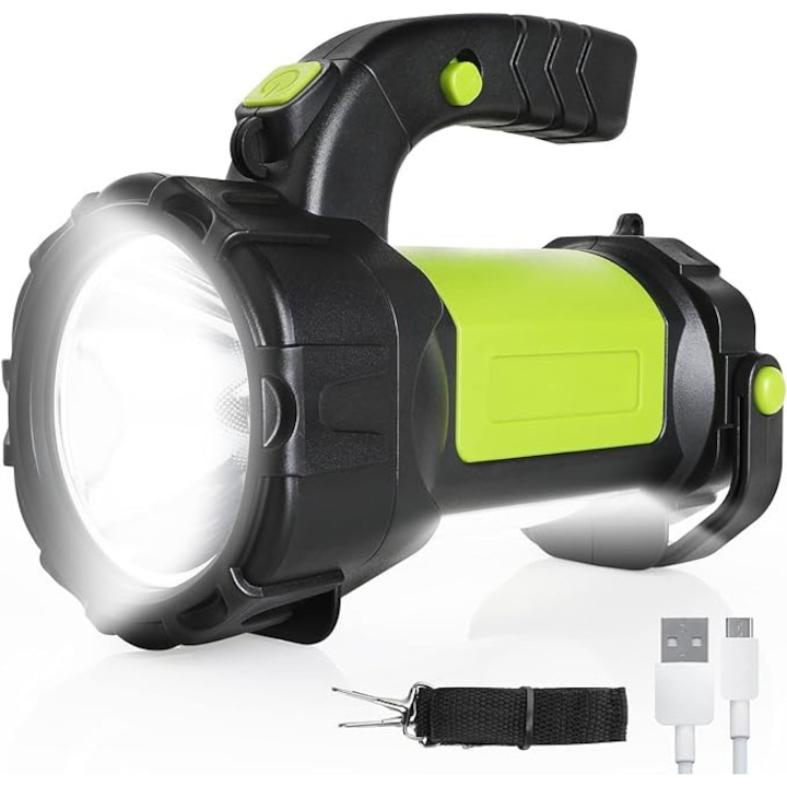 LED Фенер, JENUOS®, USB зареждане, Li-Ion 1200mAh, 500m, 5W, ABS, Черен/Зелен