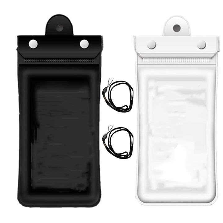 2x víz alatti telefontok készlete, vízálló, PVC, nyakra rögzíthető, 22,5 x 11,5 cm, fekete / fehér