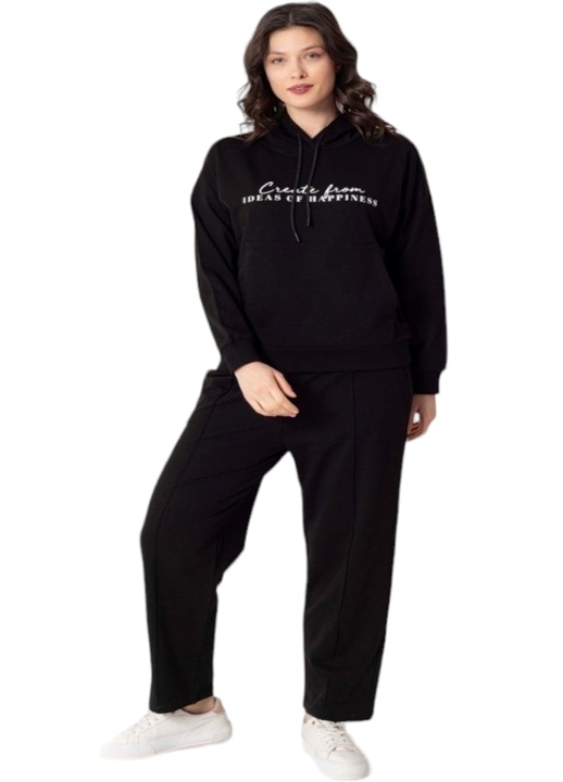 Compleu dama stil sport, bluza cu gluga si pantaloni drepti, Negru