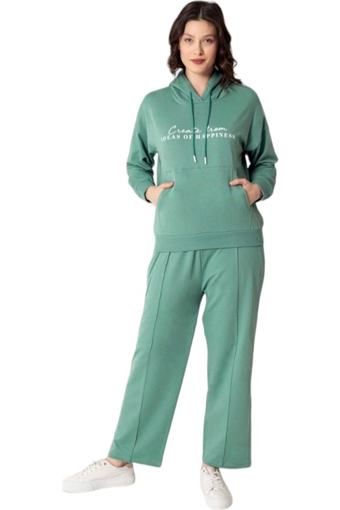 Compleu dama stil sport, bluza cu gluga si pantaloni drepti, Verde