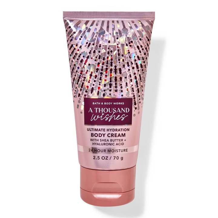 Crema de corp de voiaj A Thousand Wishes, 70 g, Bath & Body Works (arome de gutuie stralucitoare, bujori cristalini si crema de migdale)