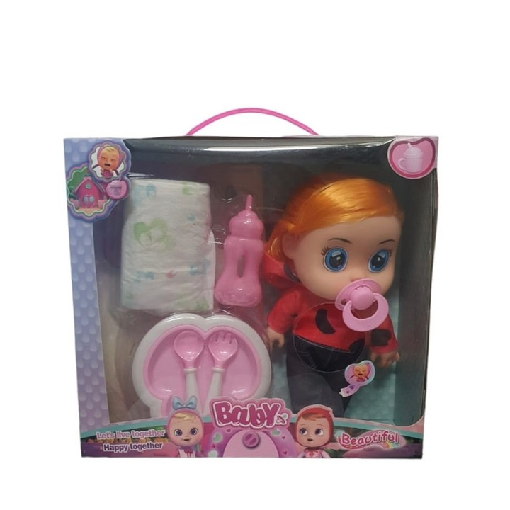 Baba szett, Cry Baby, asztali kiegészítőkkel, üveggel és pelenkával, Hangok, 25 cm sárga hajszín ABYZ®™