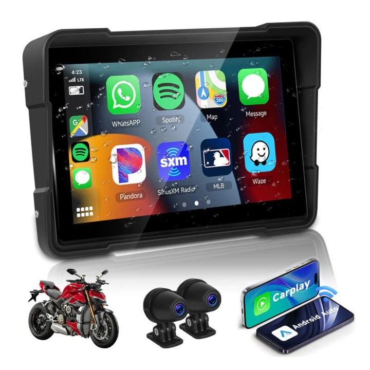 Sistem de Navigatie si Camere video cu mod Dual de Iregistrare fata/spate destinat Motocicletelor si Mopedelor Medeyatech™, Compatibil Android Auto & Apple Carplay, display 5", waterproof, Negru
