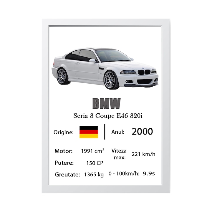 Tablou Personalizat cu Datele Masinii pentru pasionati, BMW E46 Coupe 320i, Betaprint, Alb, 30x20cm