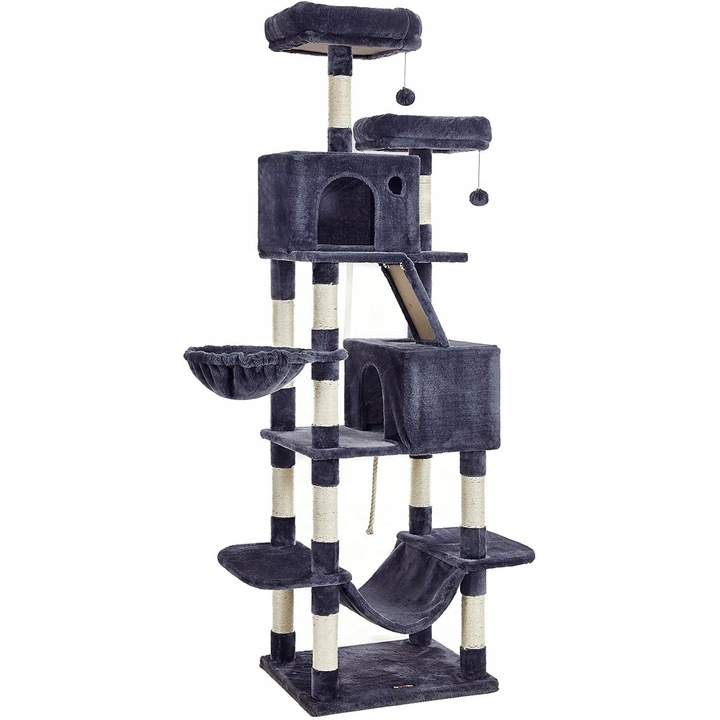 Драскалка за котки, 3 нива, сиво-бяла, 206x206 см, с хамак и легло
