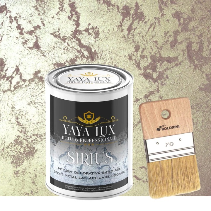 Vopsea Decorativa de Lux Sirius, Bej Gold, Finisaj Mat cu Perle de Sticla, 0, 5 Litri si Pensula 70 mm, YaYa Color