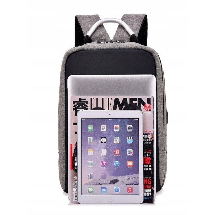 Rucsac impermeabil, cu sistem antifurt, port USB, 45x14x30cm, 25litri, negru si gri