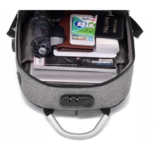 Rucsac impermeabil, cu sistem antifurt, port USB, 45x14x30cm, 25litri, negru si gri