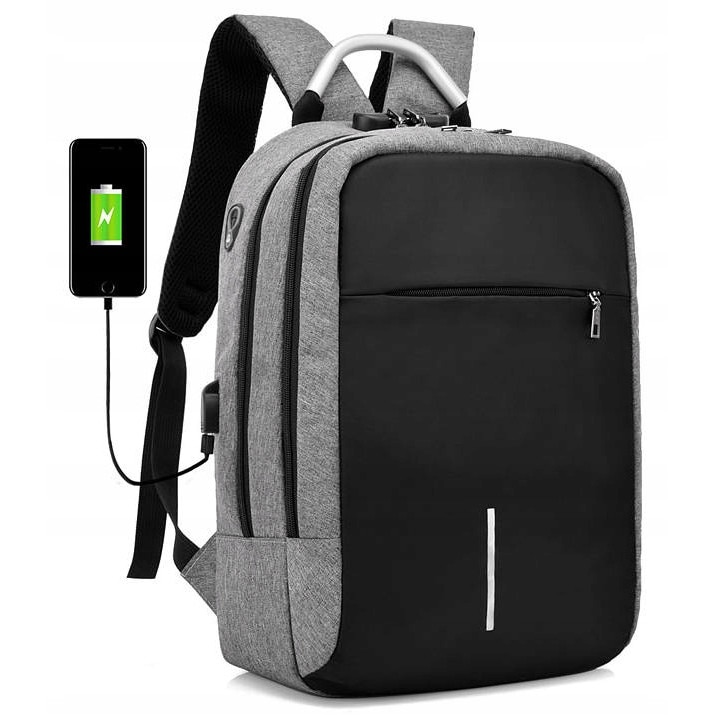 Rucsac impermeabil, cu sistem antifurt, port USB, 45x14x30cm, 25litri, negru si gri