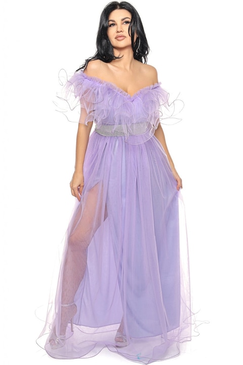 Дълга рокля от тюл с волани, V-образно деколте и сребрист колан, Лилав